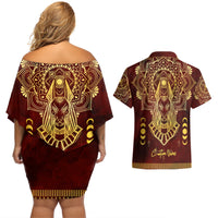 Personalized Anubis Couples Matching Off Shoulder Short Dress and Hawaiian Shirt Ancient Egyptian Pattern In Red - Wonder Print Shop