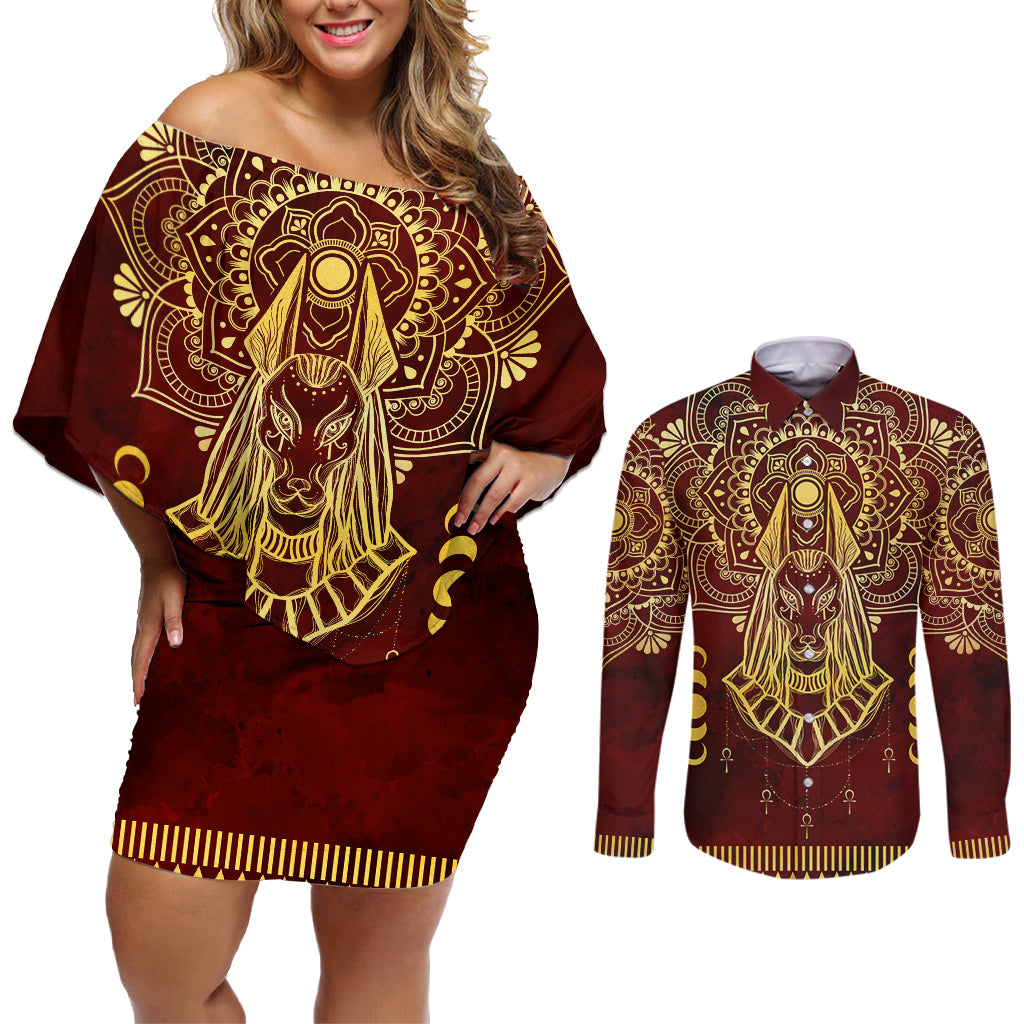 Personalized Anubis Couples Matching Off Shoulder Short Dress and Long Sleeve Button Shirt Ancient Egyptian Pattern In Red