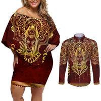Personalized Anubis Couples Matching Off Shoulder Short Dress and Long Sleeve Button Shirt Ancient Egyptian Pattern In Red - Wonder Print Shop