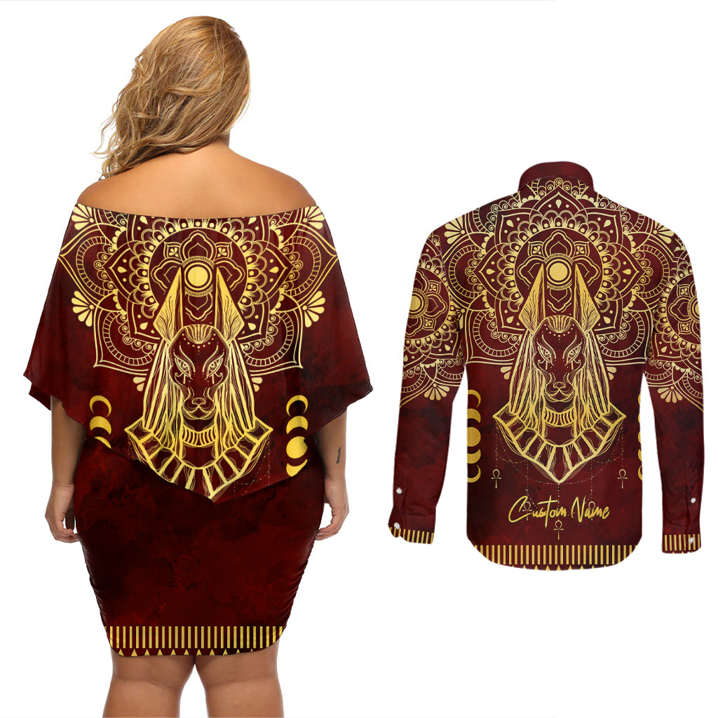 Personalized Anubis Couples Matching Off Shoulder Short Dress and Long Sleeve Button Shirt Ancient Egyptian Pattern In Red - Wonder Print Shop