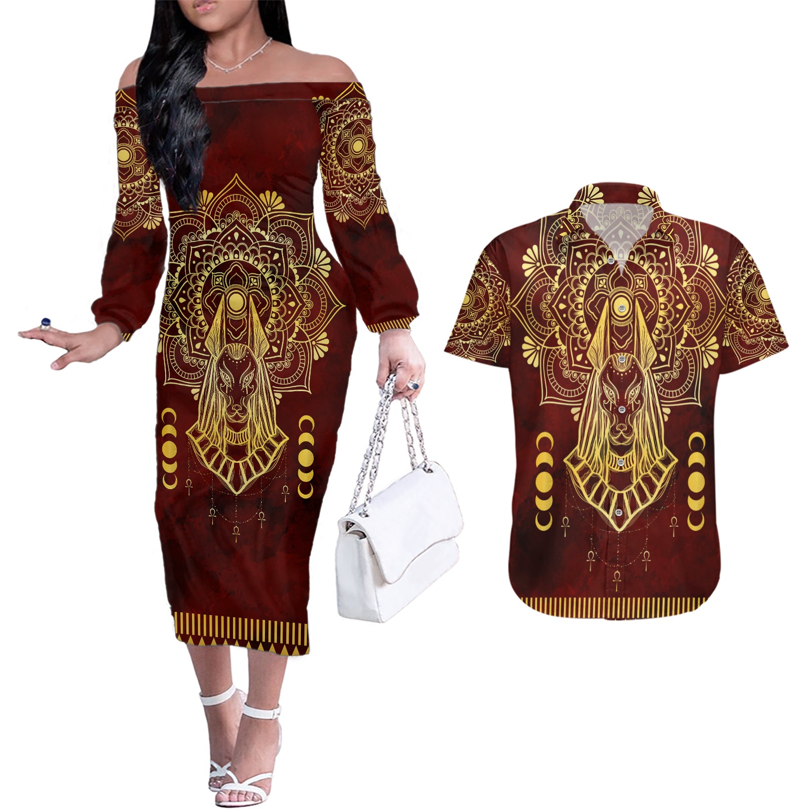 Personalized Anubis Couples Matching Off The Shoulder Long Sleeve Dress and Hawaiian Shirt Ancient Egyptian Pattern In Red
