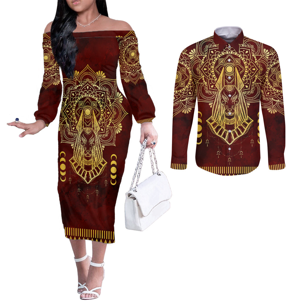 Personalized Anubis Couples Matching Off The Shoulder Long Sleeve Dress and Long Sleeve Button Shirt Ancient Egyptian Pattern In Red