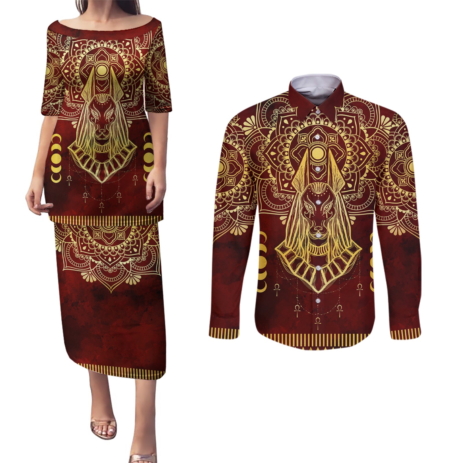 Personalized Anubis Couples Matching Puletasi and Long Sleeve Button Shirt Ancient Egyptian Pattern In Red