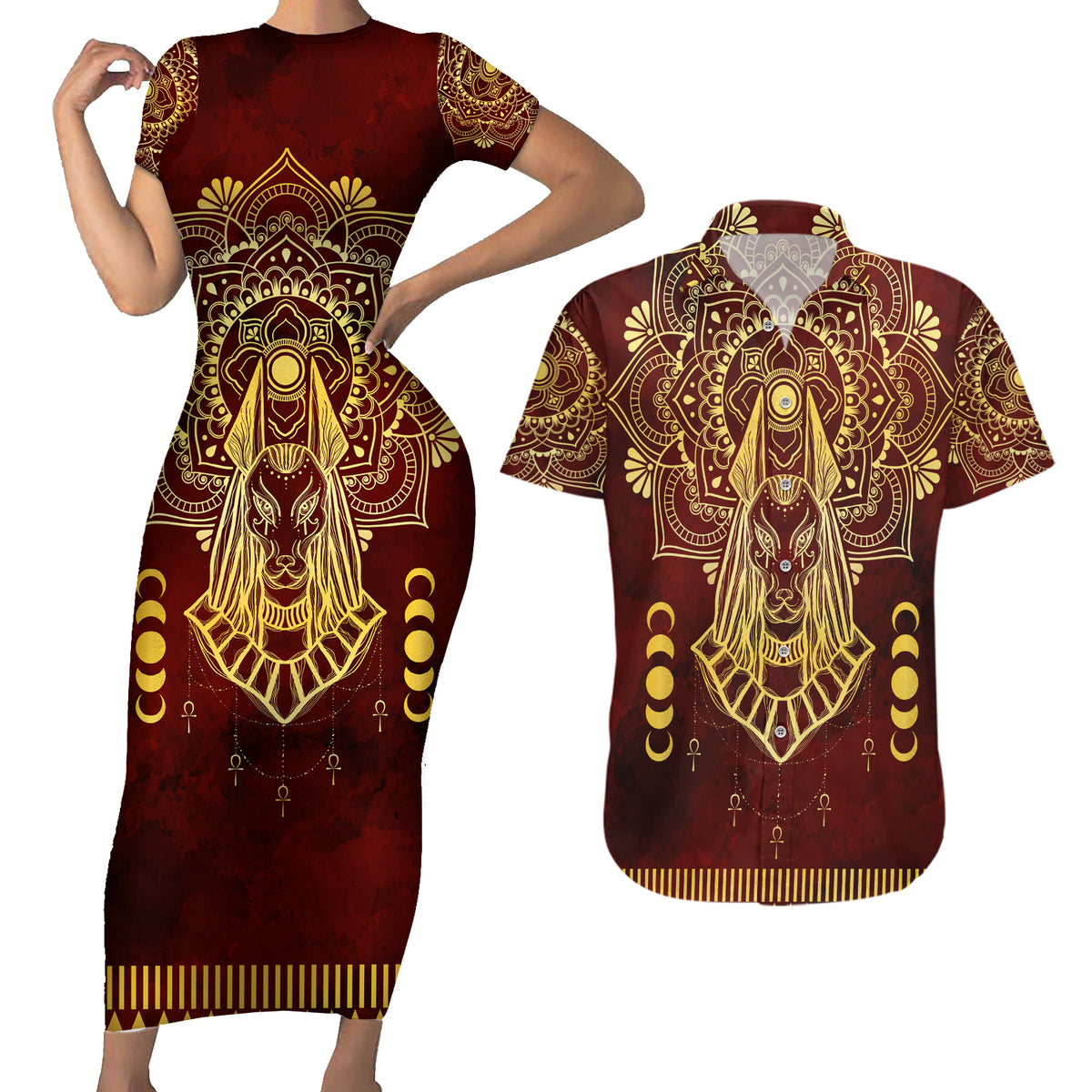 Personalized Anubis Couples Matching Short Sleeve Bodycon Dress and Hawaiian Shirt Ancient Egyptian Pattern In Red - Wonder Print Shop