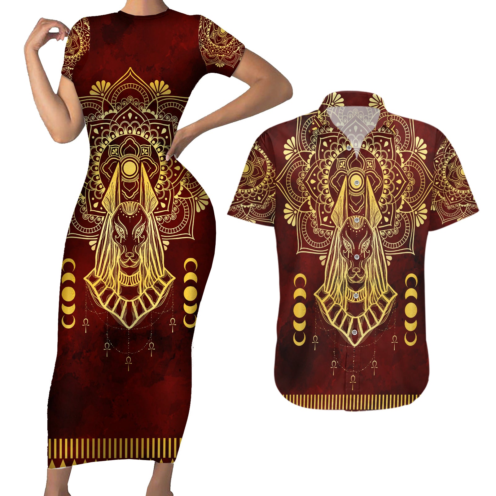Personalized Anubis Couples Matching Short Sleeve Bodycon Dress and Hawaiian Shirt Ancient Egyptian Pattern In Red