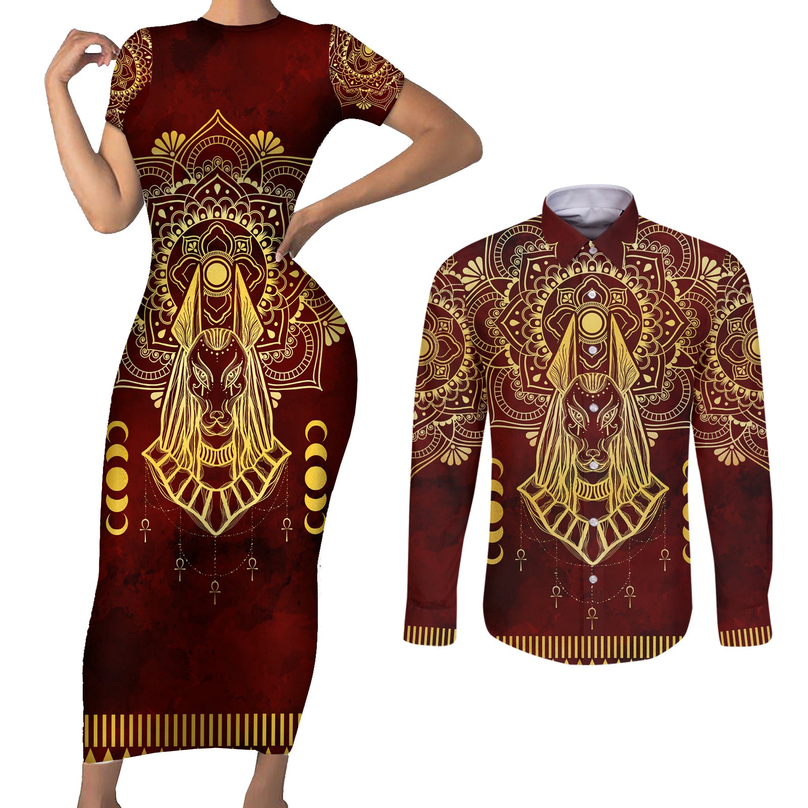 Personalized Anubis Couples Matching Short Sleeve Bodycon Dress and Long Sleeve Button Shirt Ancient Egyptian Pattern In Red