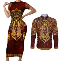 Personalized Anubis Couples Matching Short Sleeve Bodycon Dress and Long Sleeve Button Shirt Ancient Egyptian Pattern In Red - Wonder Print Shop