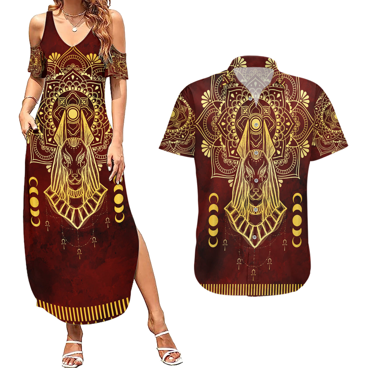 Personalized Anubis Couples Matching Summer Maxi Dress and Hawaiian Shirt Ancient Egyptian Pattern In Red - Wonder Print Shop