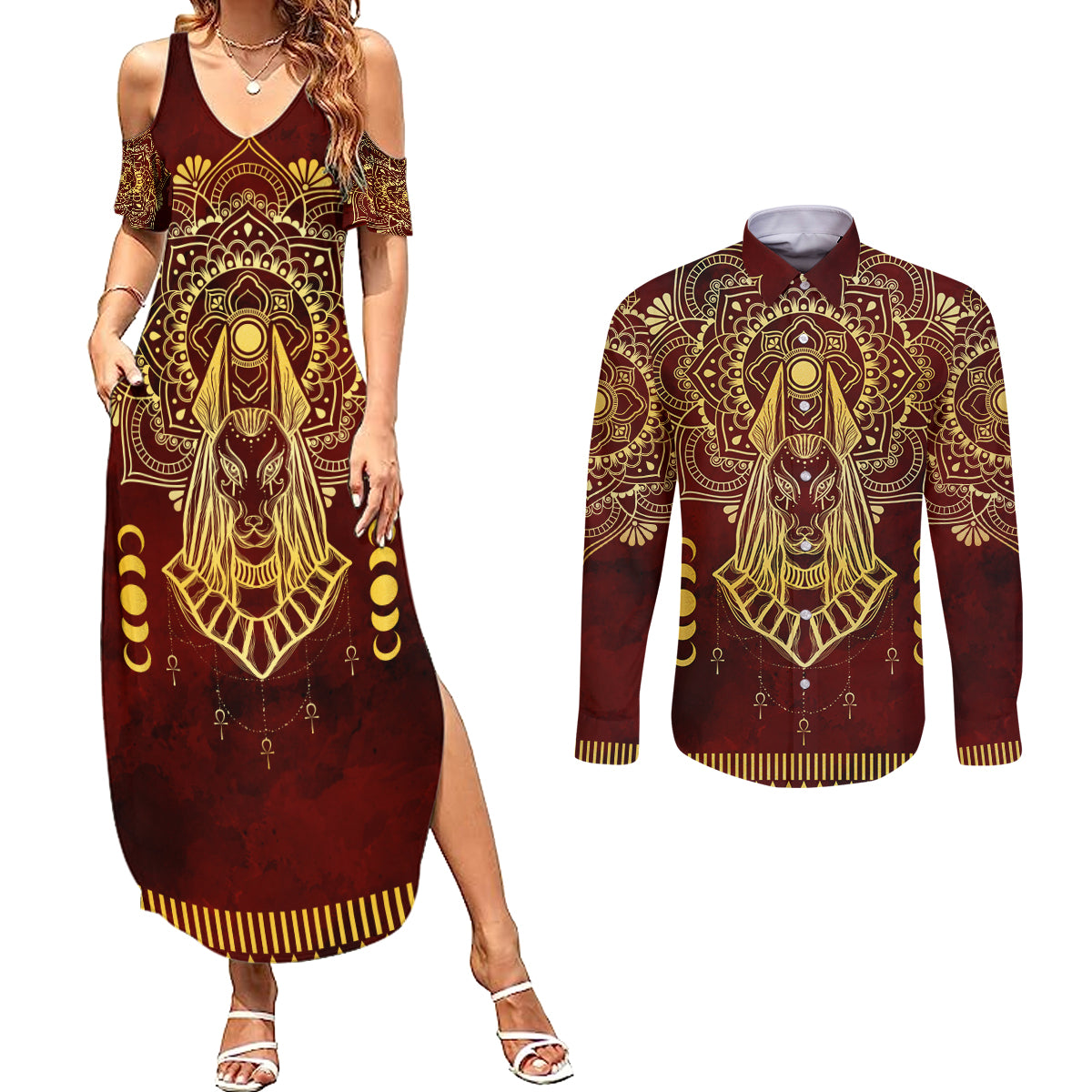 Personalized Anubis Couples Matching Summer Maxi Dress and Long Sleeve Button Shirt Ancient Egyptian Pattern In Red