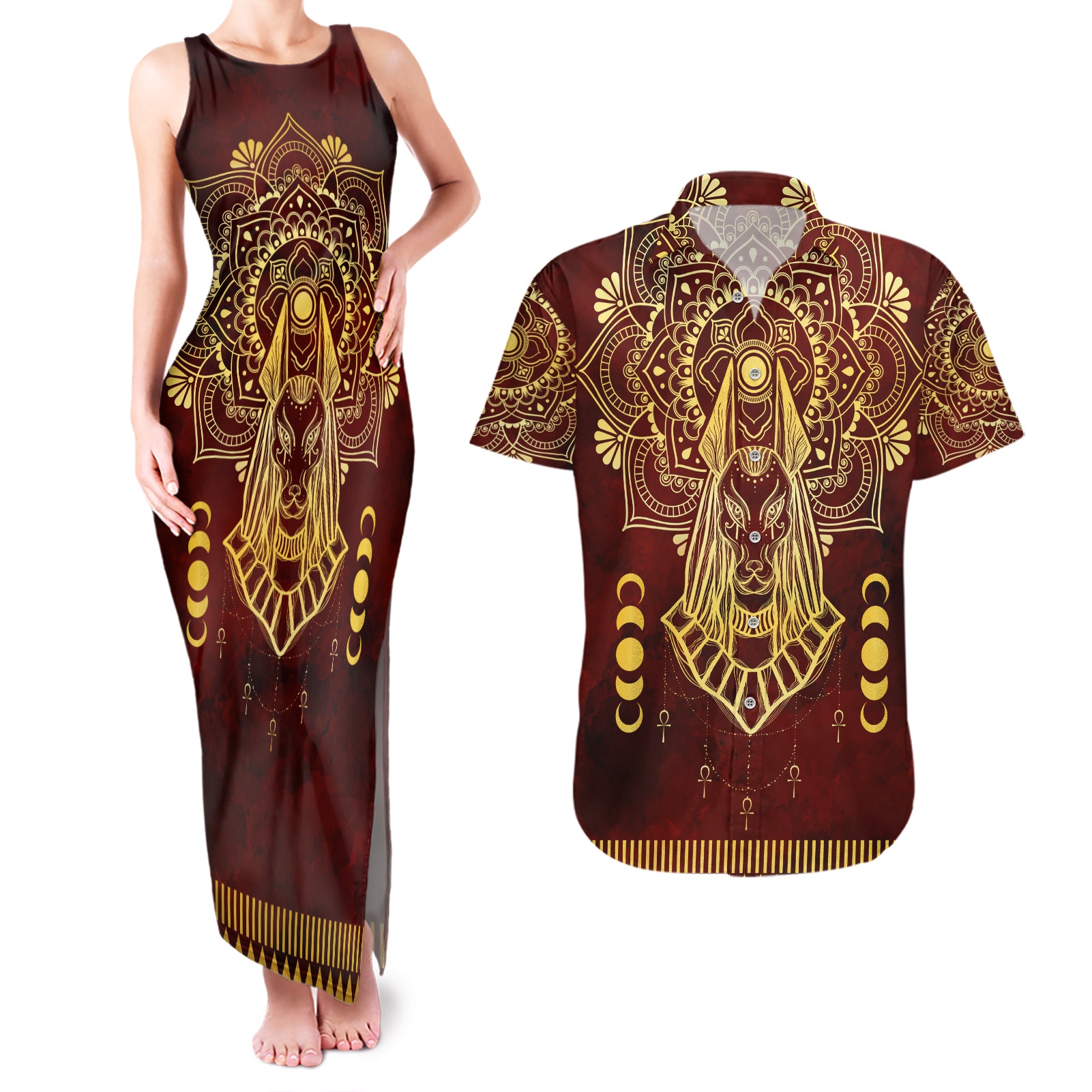 Personalized Anubis Couples Matching Tank Maxi Dress and Hawaiian Shirt Ancient Egyptian Pattern In Red