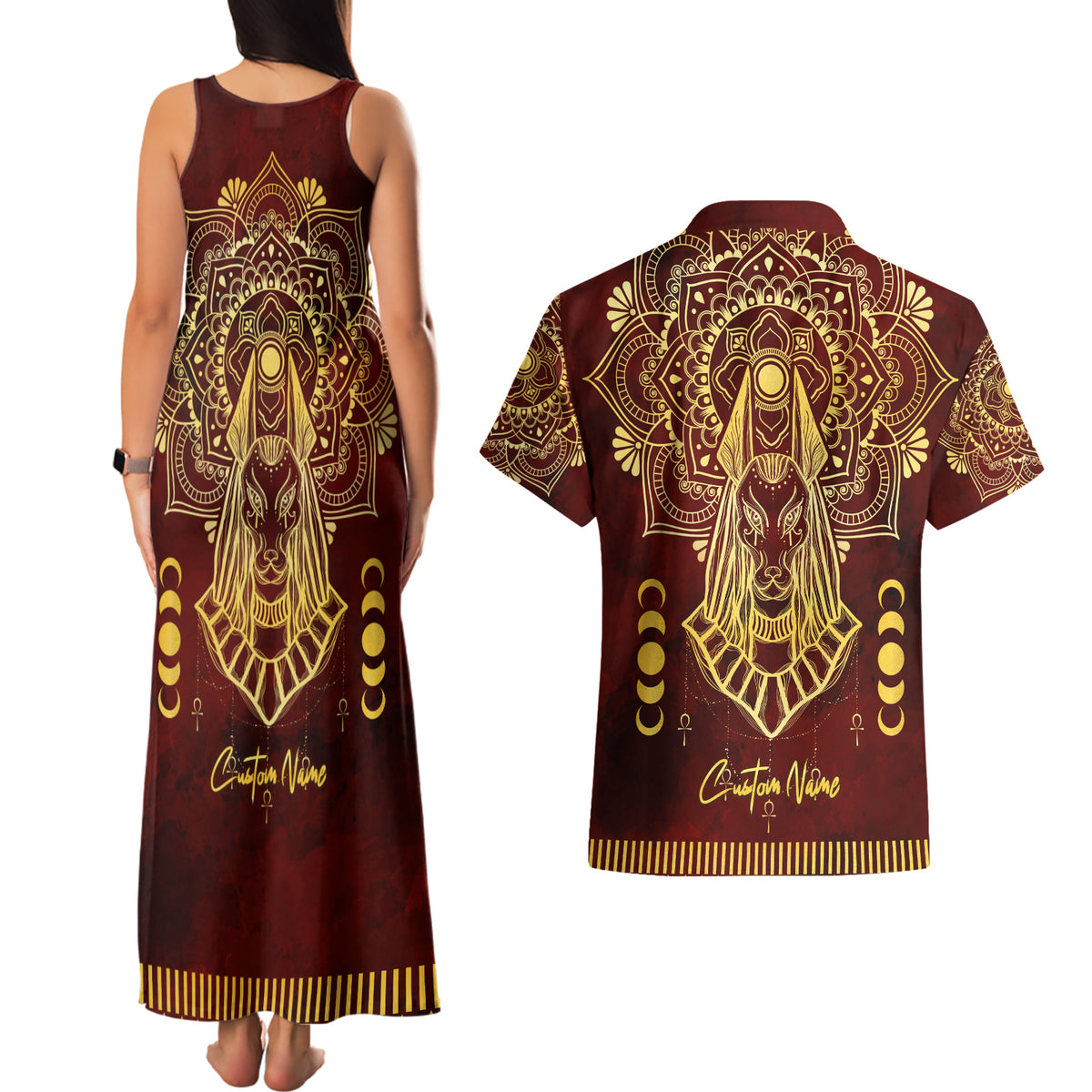 Personalized Anubis Couples Matching Tank Maxi Dress and Hawaiian Shirt Ancient Egyptian Pattern In Red - Wonder Print Shop