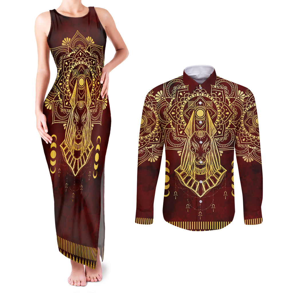 Personalized Anubis Couples Matching Tank Maxi Dress and Long Sleeve Button Shirt Ancient Egyptian Pattern In Red - Wonder Print Shop