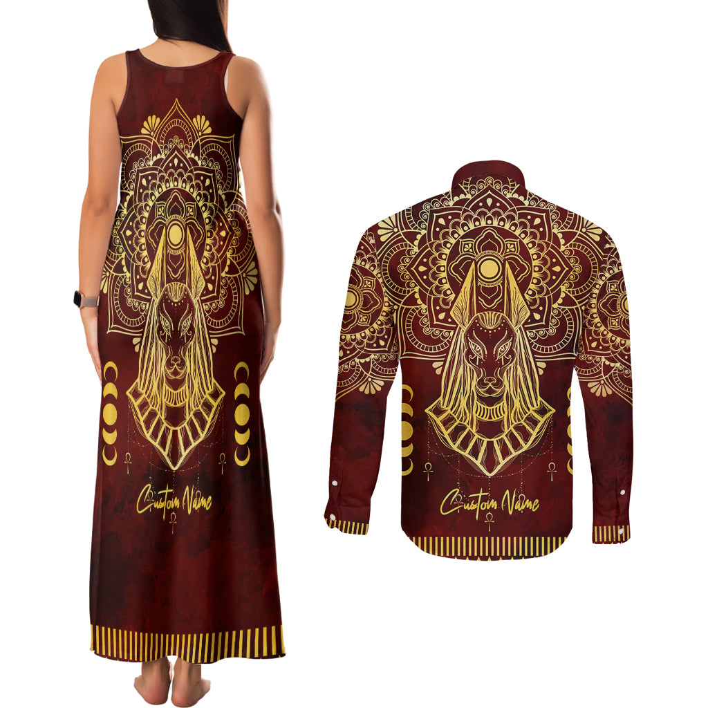 Personalized Anubis Couples Matching Tank Maxi Dress and Long Sleeve Button Shirt Ancient Egyptian Pattern In Red - Wonder Print Shop