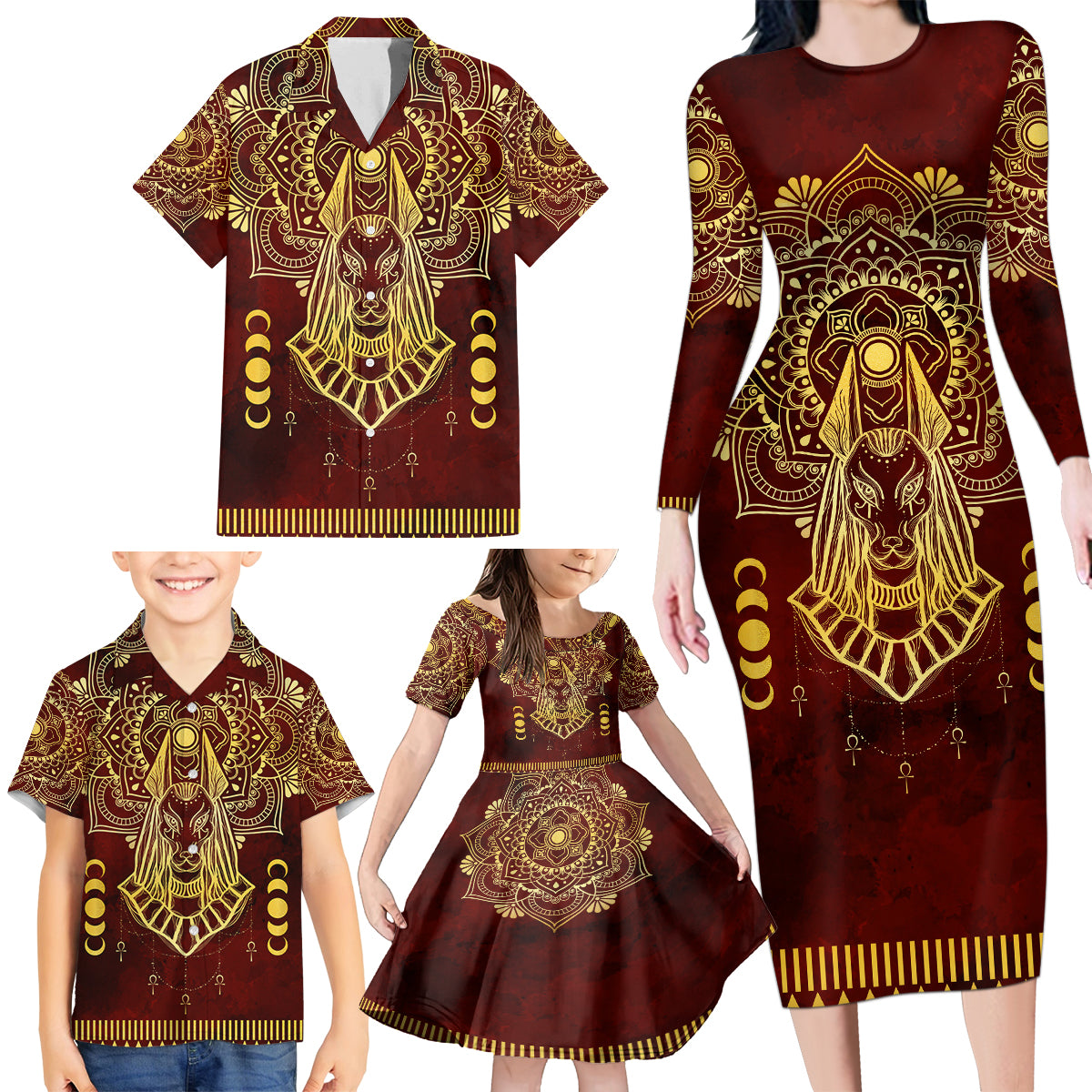 Personalized Anubis Family Matching Long Sleeve Bodycon Dress and Hawaiian Shirt Ancient Egyptian Pattern In Red - Wonder Print Shop