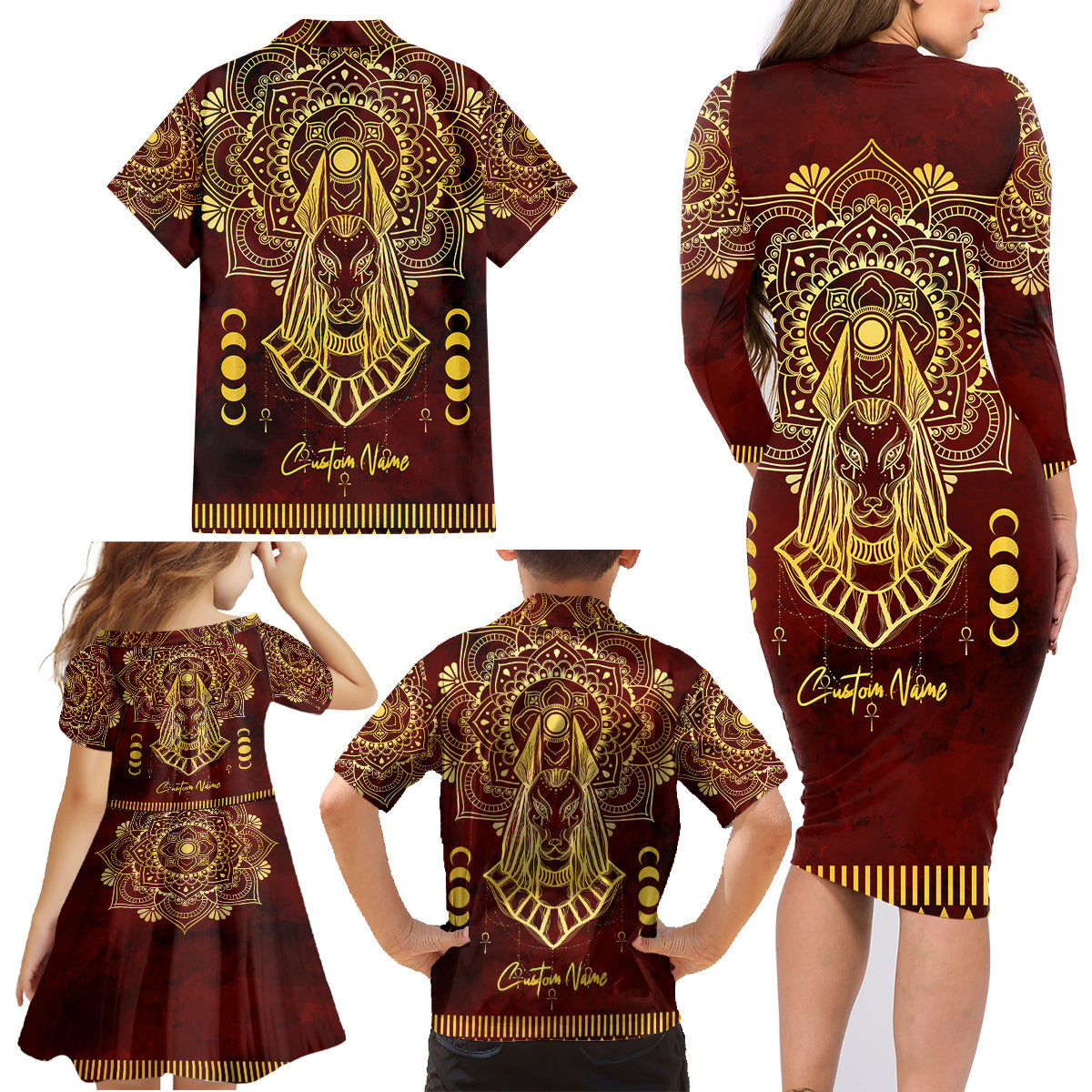 Personalized Anubis Family Matching Long Sleeve Bodycon Dress and Hawaiian Shirt Ancient Egyptian Pattern In Red - Wonder Print Shop