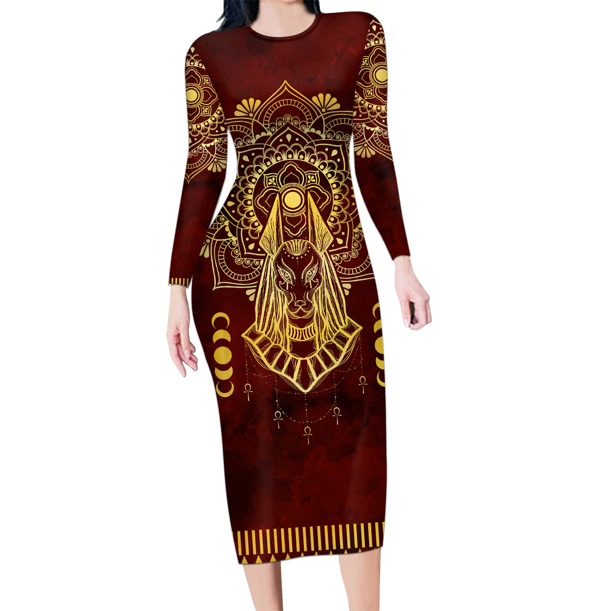 Personalized Anubis Family Matching Long Sleeve Bodycon Dress and Hawaiian Shirt Ancient Egyptian Pattern In Red - Wonder Print Shop