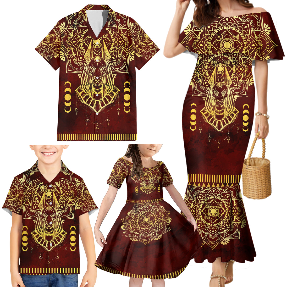 Personalized Anubis Family Matching Mermaid Dress and Hawaiian Shirt Ancient Egyptian Pattern In Red - Wonder Print Shop