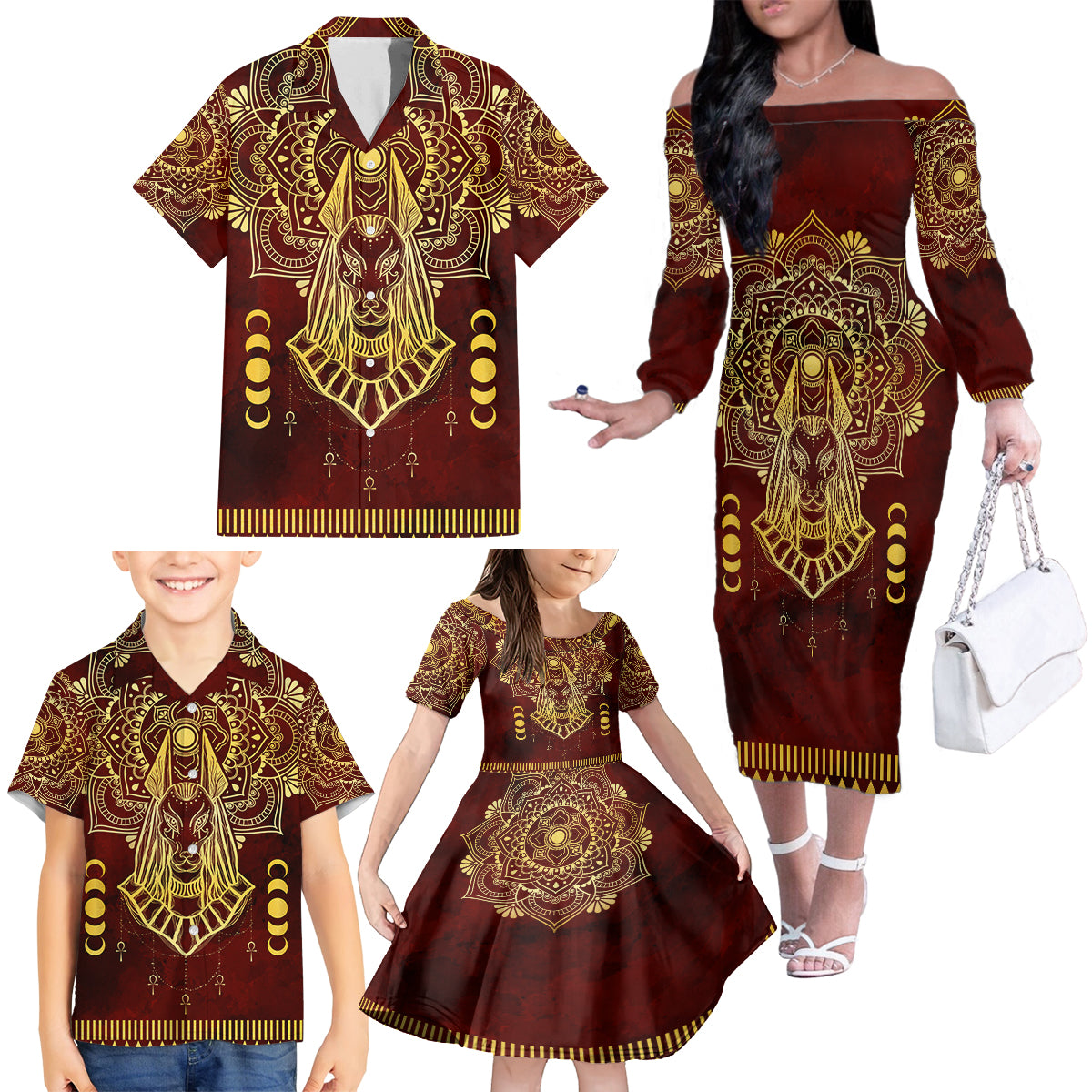 Personalized Anubis Family Matching Off Shoulder Long Sleeve Dress and Hawaiian Shirt Ancient Egyptian Pattern In Red