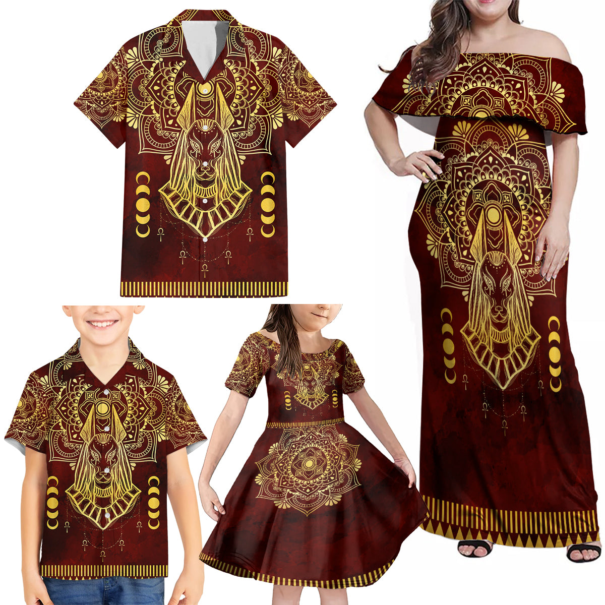 Personalized Anubis Family Matching Off Shoulder Maxi Dress and Hawaiian Shirt Ancient Egyptian Pattern In Red - Wonder Print Shop