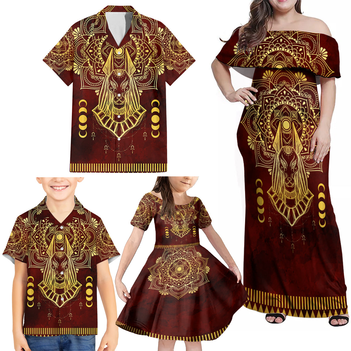 Personalized Anubis Family Matching Off Shoulder Maxi Dress and Hawaiian Shirt Ancient Egyptian Pattern In Red