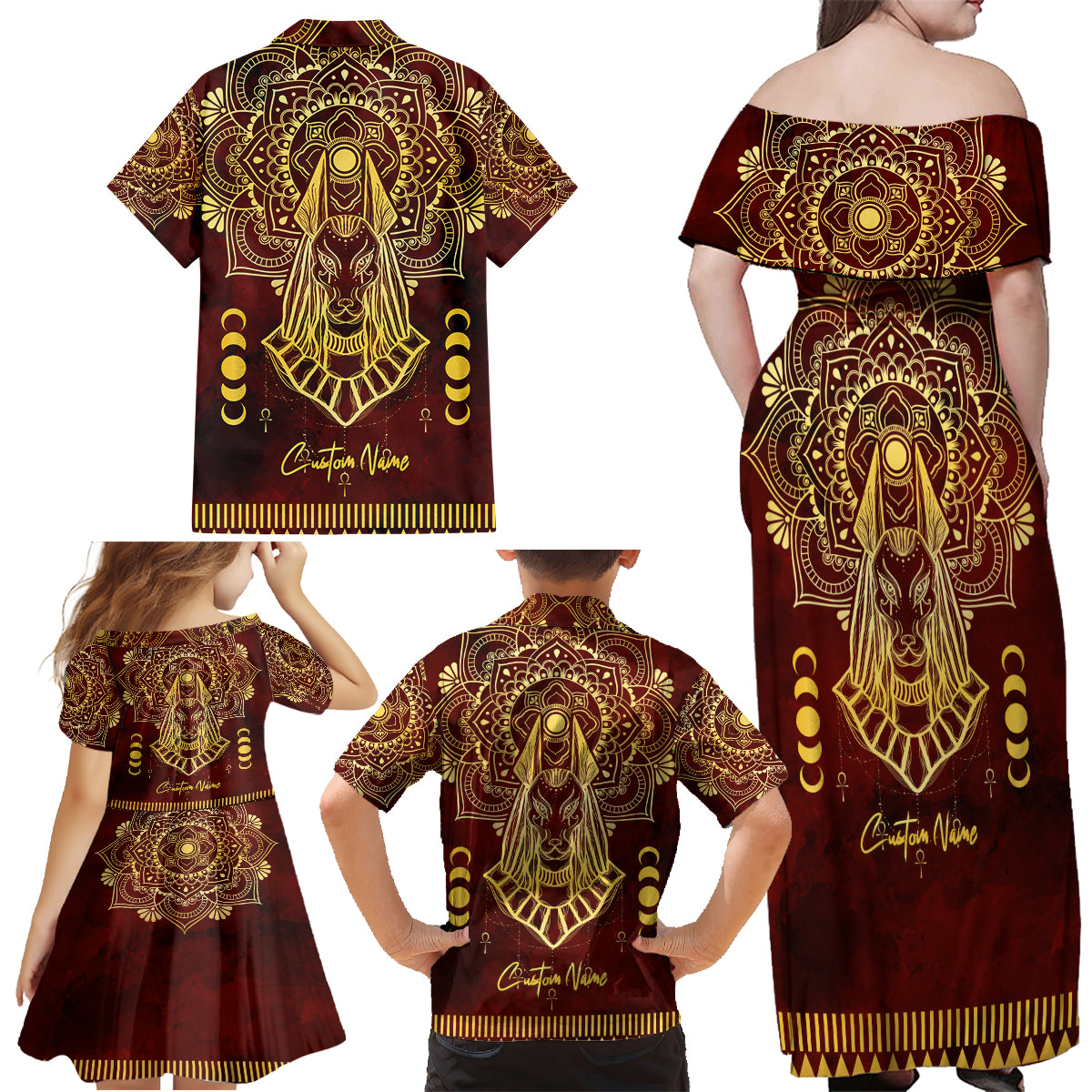 Personalized Anubis Family Matching Off Shoulder Maxi Dress and Hawaiian Shirt Ancient Egyptian Pattern In Red - Wonder Print Shop
