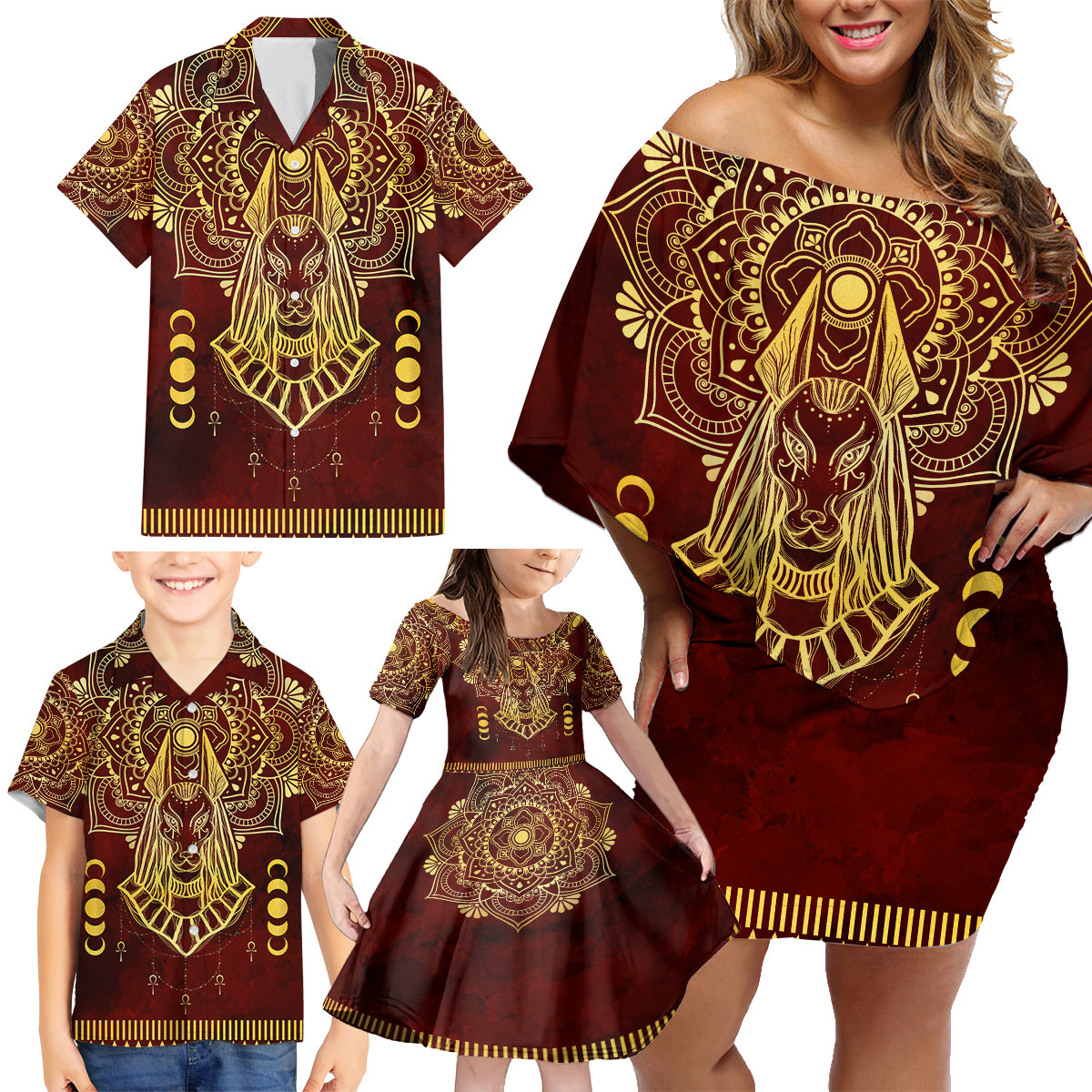 Personalized Anubis Family Matching Off Shoulder Short Dress and Hawaiian Shirt Ancient Egyptian Pattern In Red