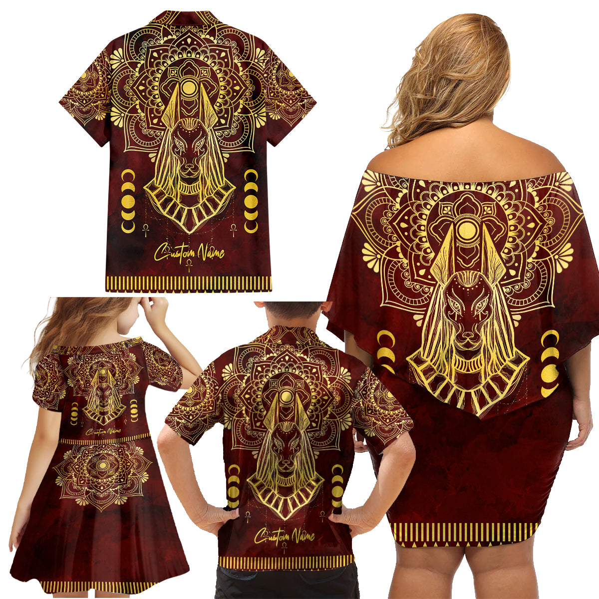 Personalized Anubis Family Matching Off Shoulder Short Dress and Hawaiian Shirt Ancient Egyptian Pattern In Red - Wonder Print Shop
