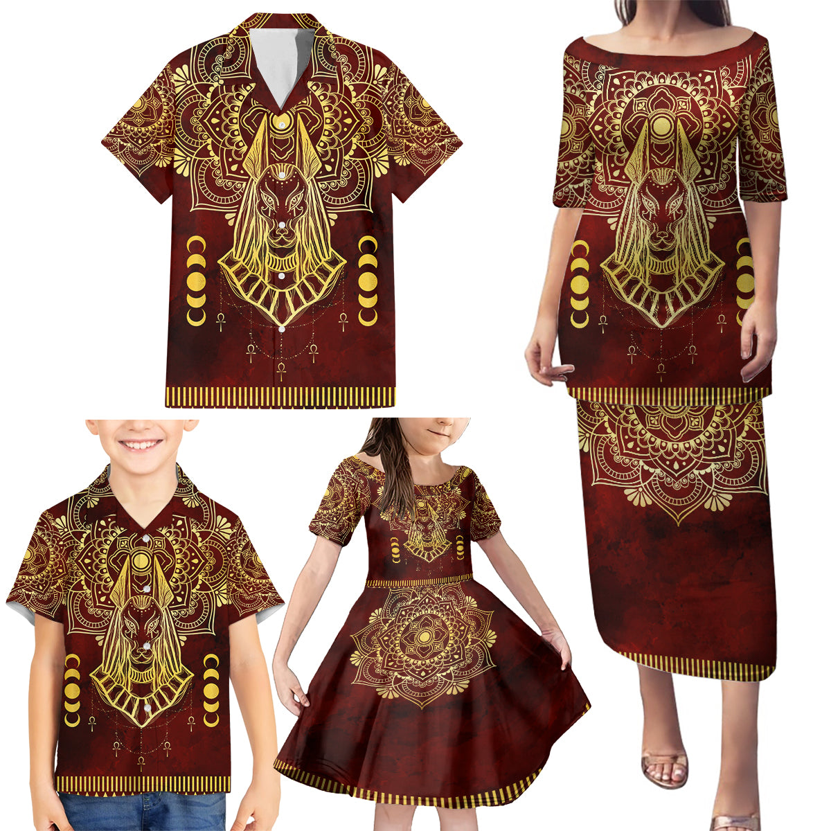 Personalized Anubis Family Matching Puletasi and Hawaiian Shirt Ancient Egyptian Pattern In Red - Wonder Print Shop