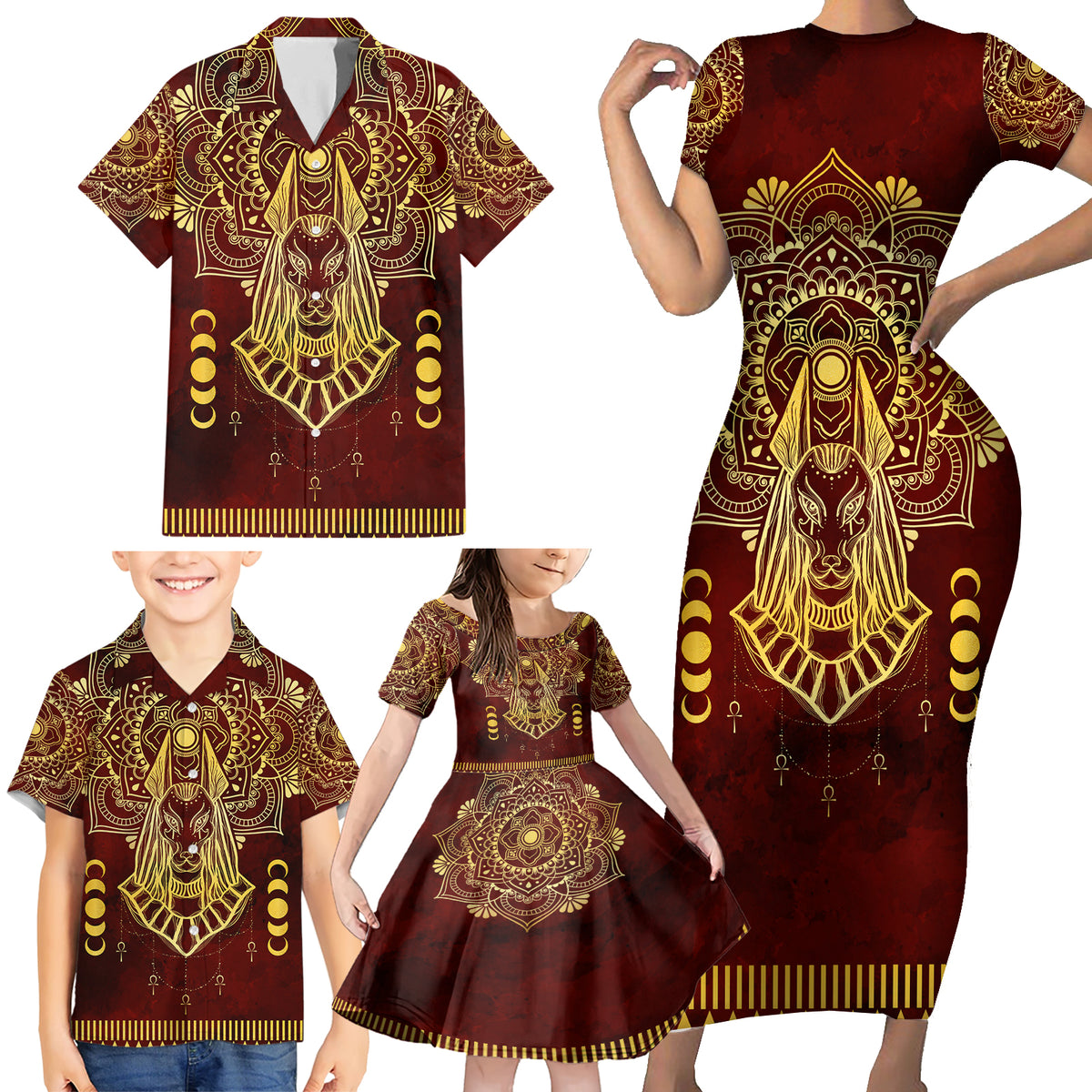 Personalized Anubis Family Matching Short Sleeve Bodycon Dress and Hawaiian Shirt Ancient Egyptian Pattern In Red - Wonder Print Shop