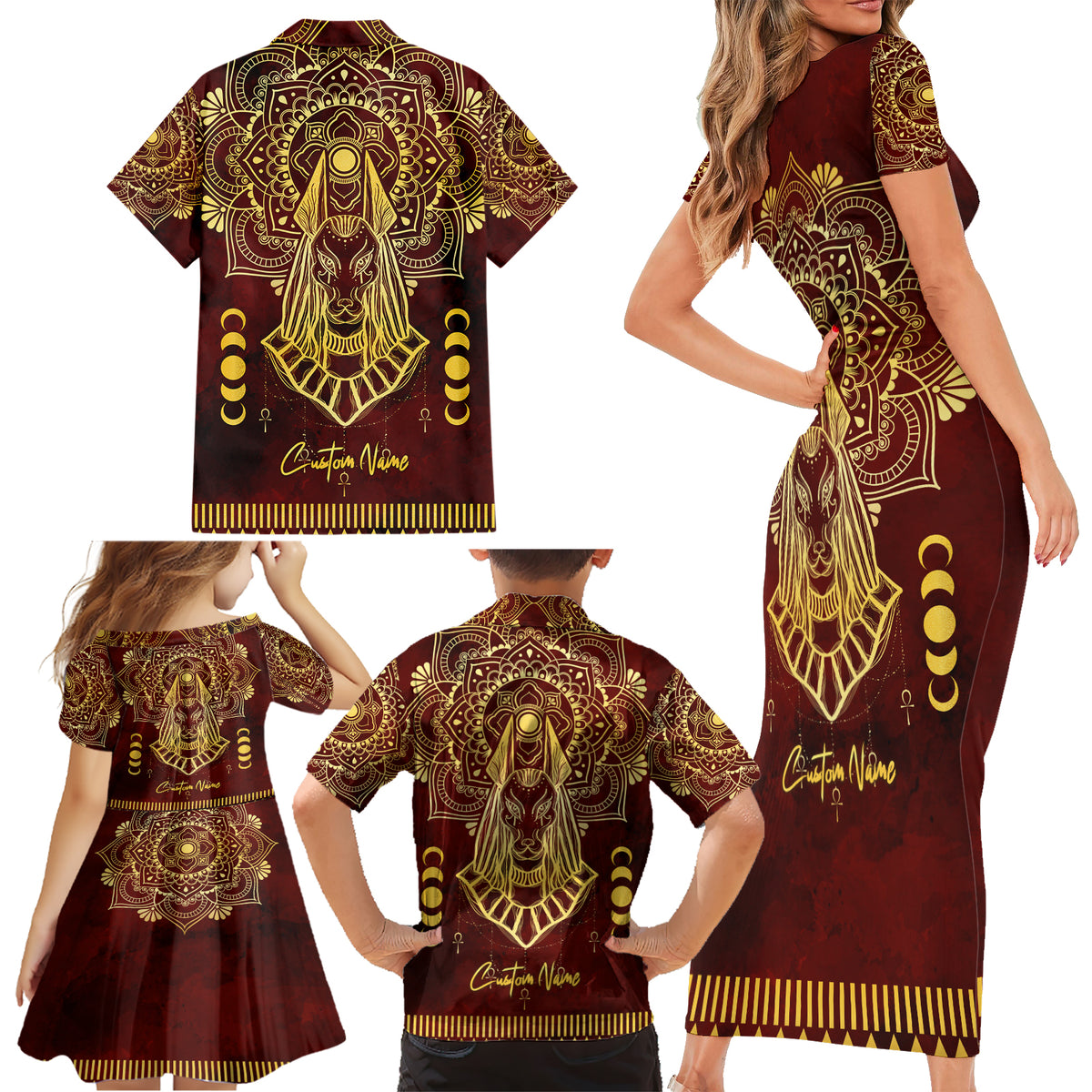 Personalized Anubis Family Matching Short Sleeve Bodycon Dress and Hawaiian Shirt Ancient Egyptian Pattern In Red - Wonder Print Shop