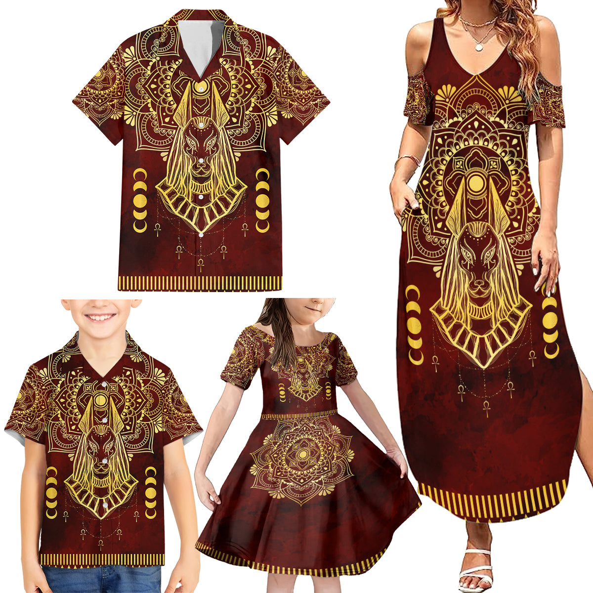 Personalized Anubis Family Matching Summer Maxi Dress and Hawaiian Shirt Ancient Egyptian Pattern In Red - Wonder Print Shop