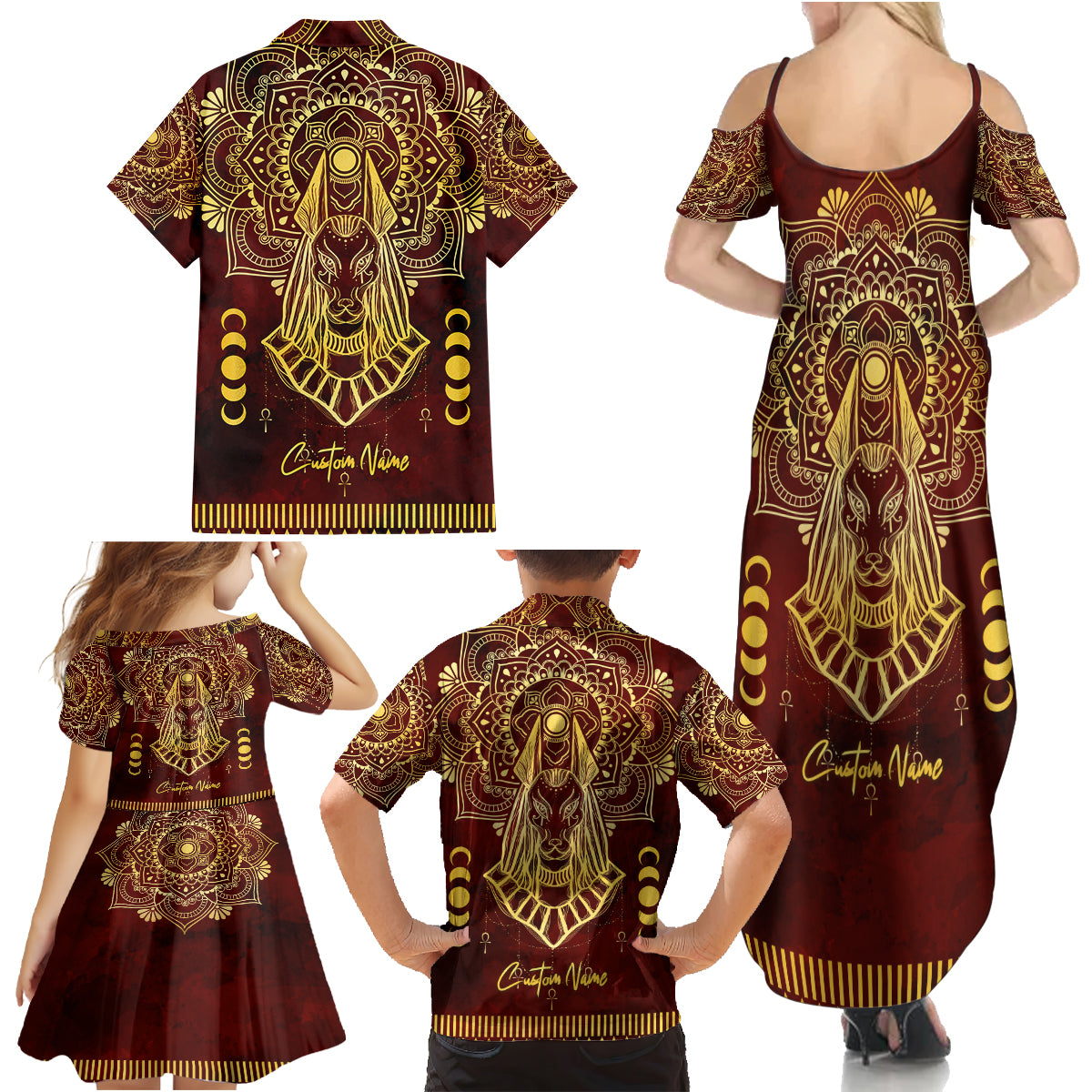 Personalized Anubis Family Matching Summer Maxi Dress and Hawaiian Shirt Ancient Egyptian Pattern In Red - Wonder Print Shop