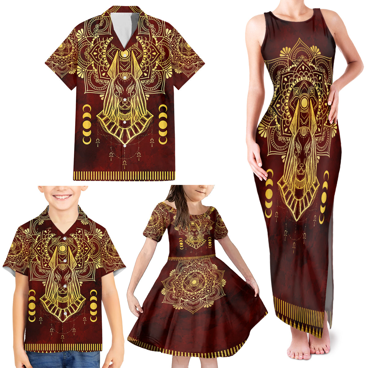 Personalized Anubis Family Matching Tank Maxi Dress and Hawaiian Shirt Ancient Egyptian Pattern In Red - Wonder Print Shop