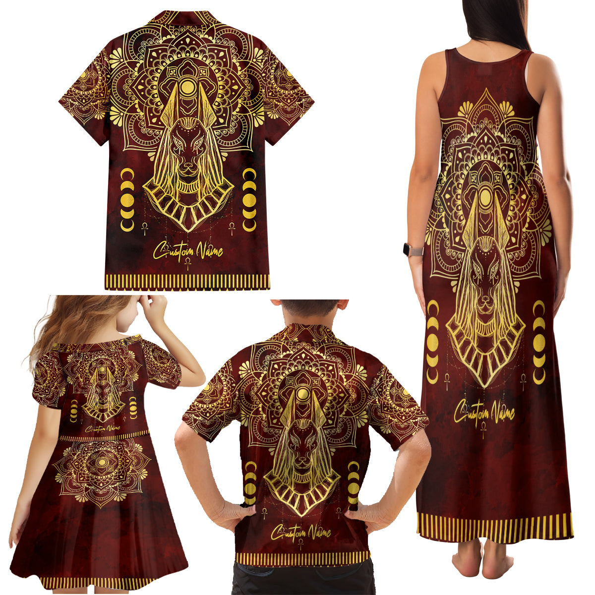 Personalized Anubis Family Matching Tank Maxi Dress and Hawaiian Shirt Ancient Egyptian Pattern In Red - Wonder Print Shop