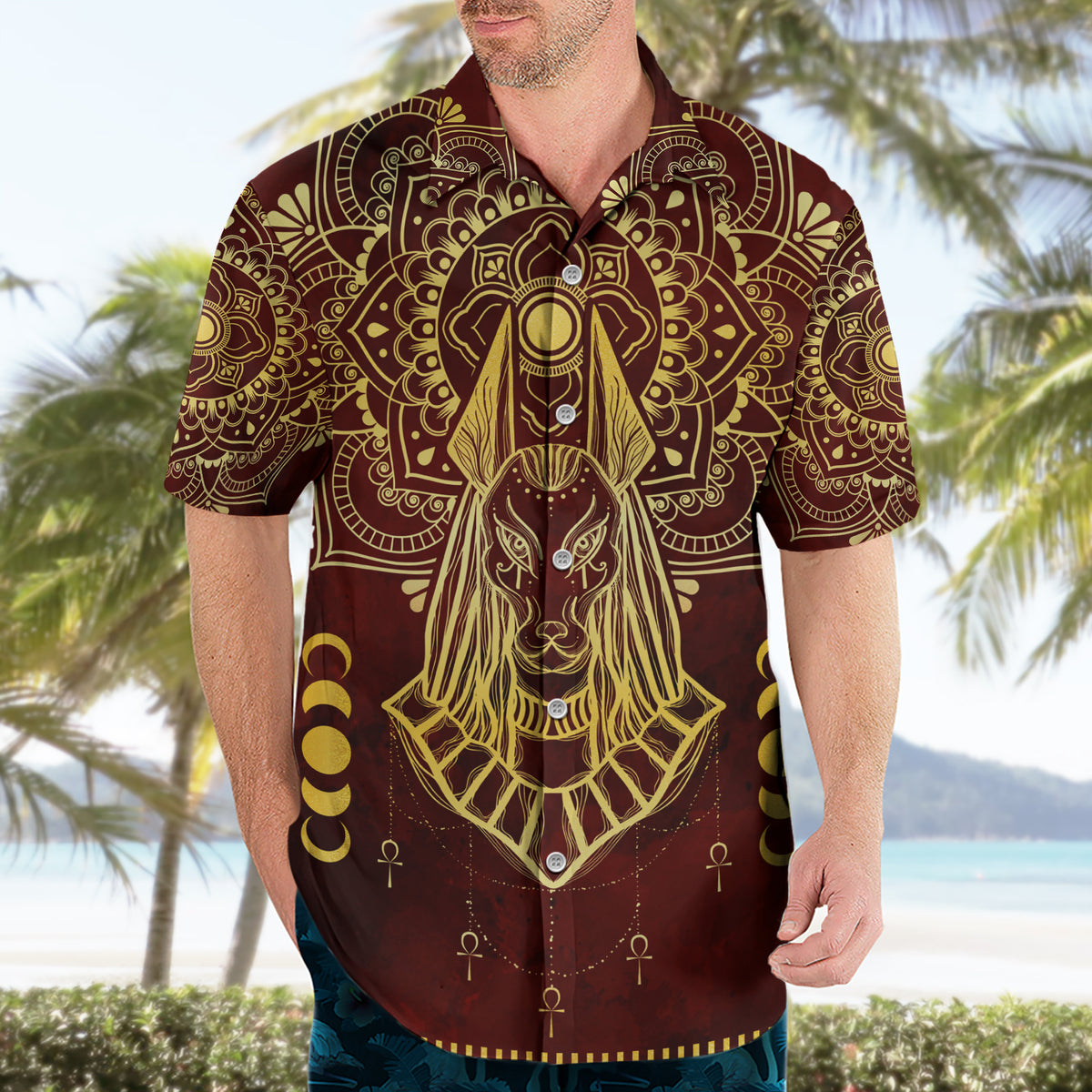 Personalized Anubis Hawaiian Shirt Ancient Egyptian Pattern In Red - Wonder Print Shop