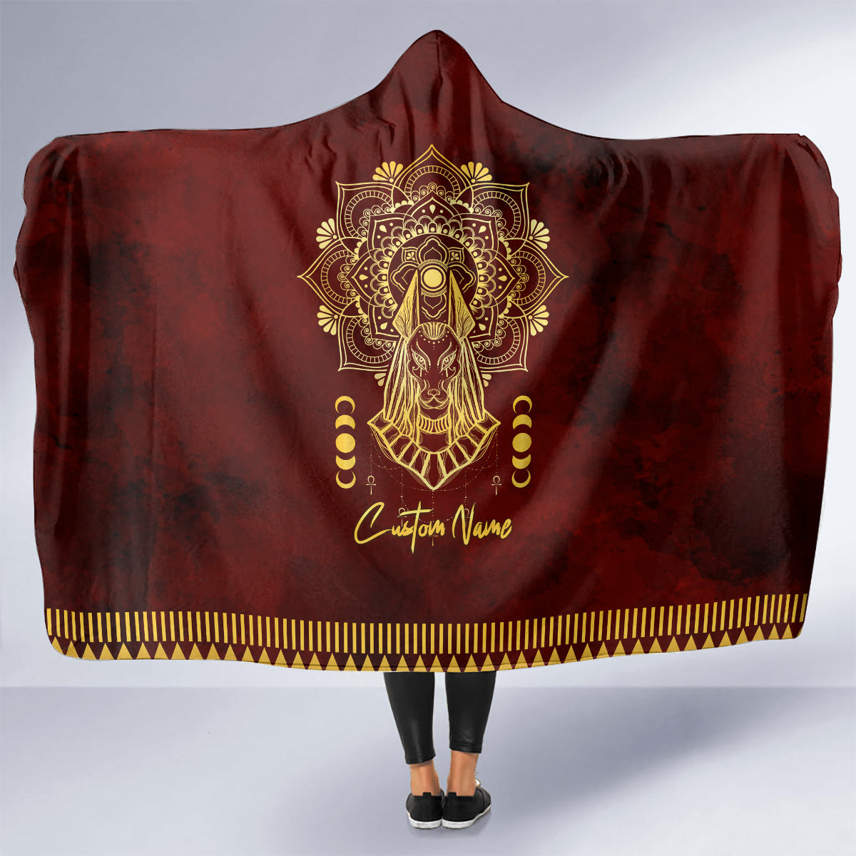 Personalized Anubis Hooded Blanket Ancient Egyptian Pattern In Red