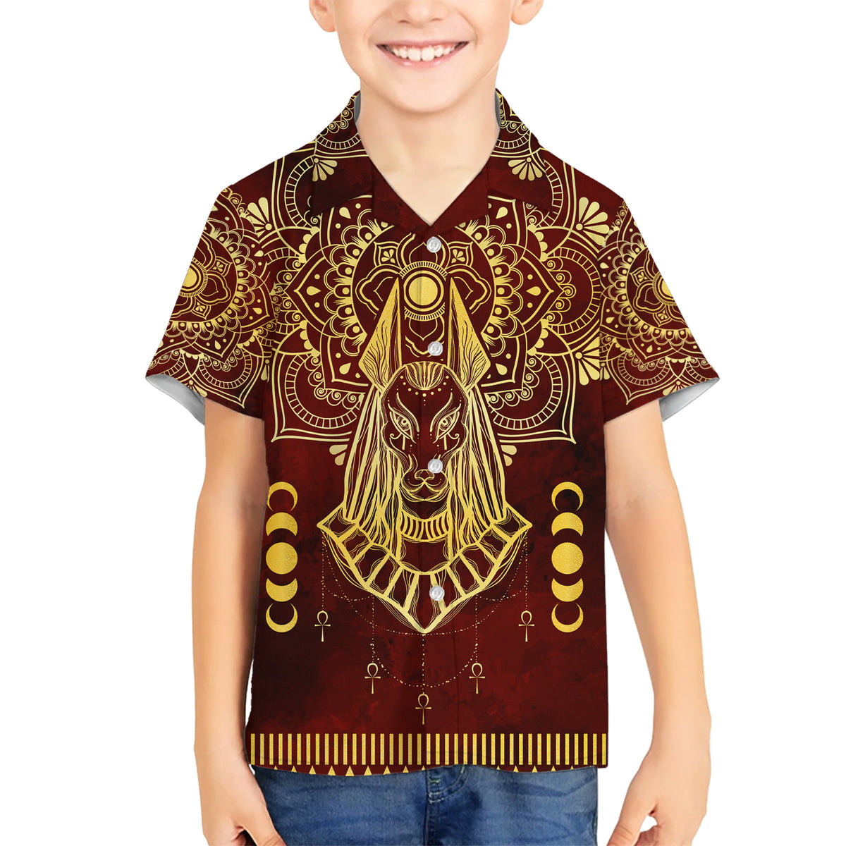 Personalized Anubis Kid Hawaiian Shirt Ancient Egyptian Pattern In Red - Wonder Print Shop