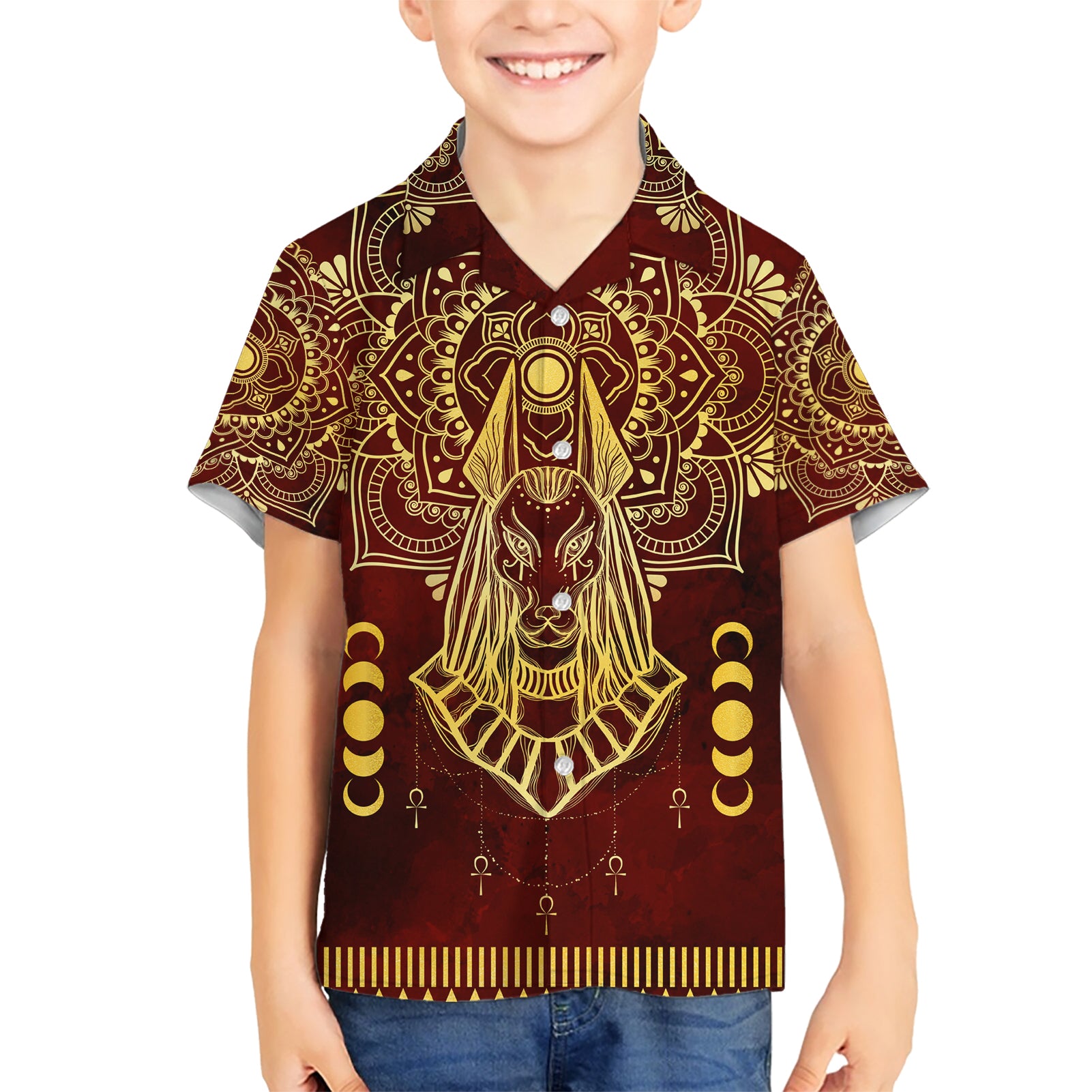 Personalized Anubis Kid Hawaiian Shirt Ancient Egyptian Pattern In Red