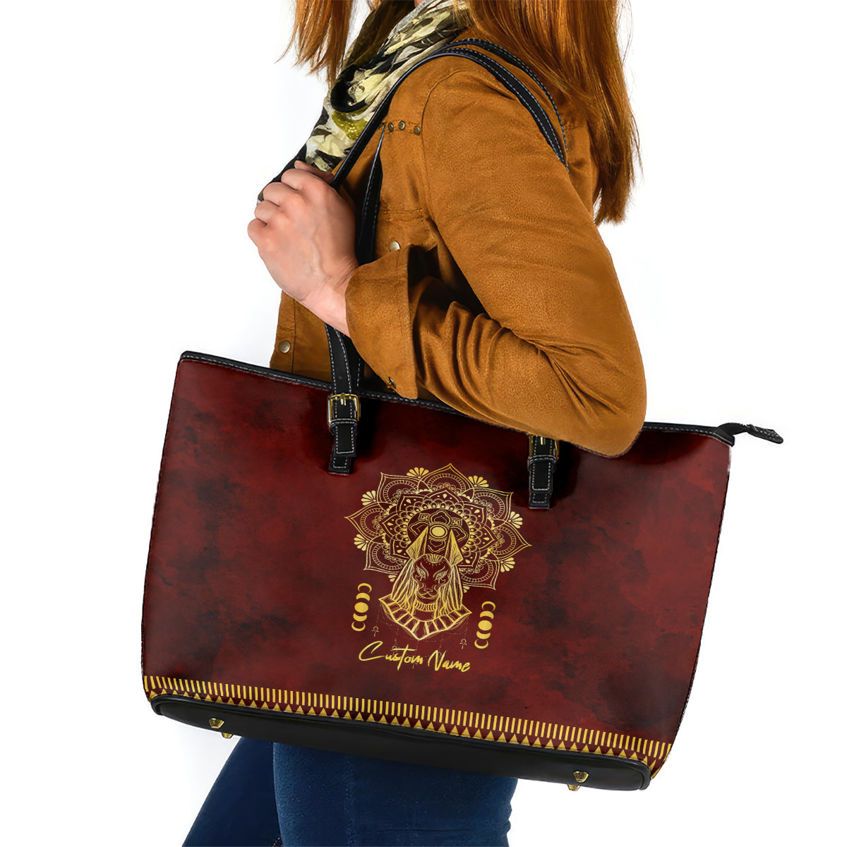 Personalized Anubis Leather Tote Bag Ancient Egyptian Pattern In Red - Wonder Print Shop