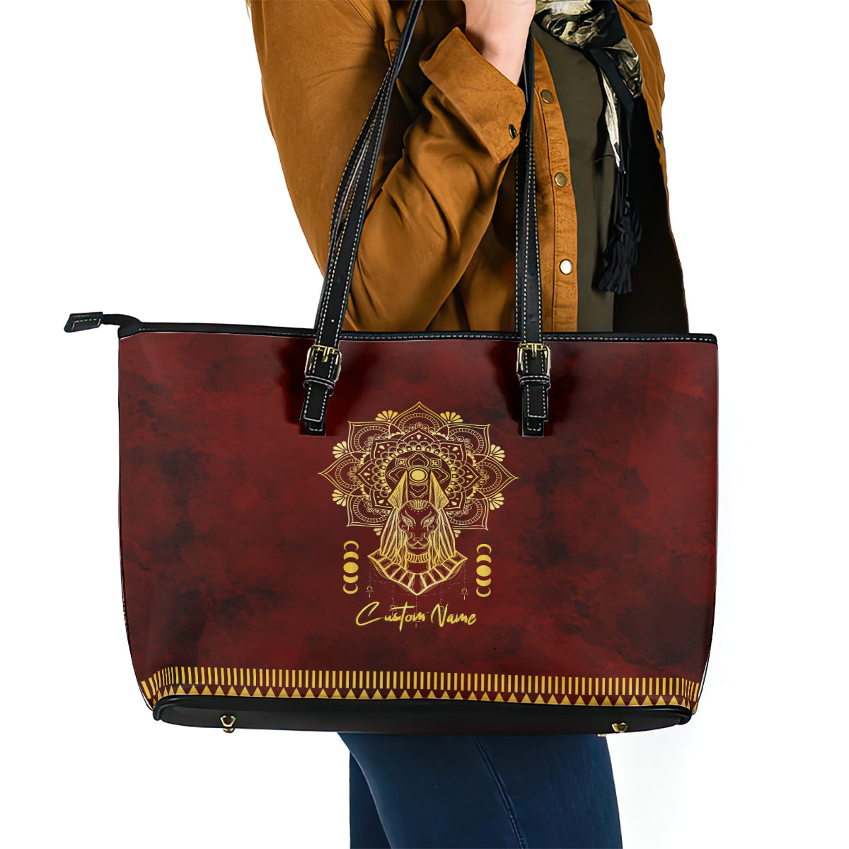 Personalized Anubis Leather Tote Bag Ancient Egyptian Pattern In Red - Wonder Print Shop