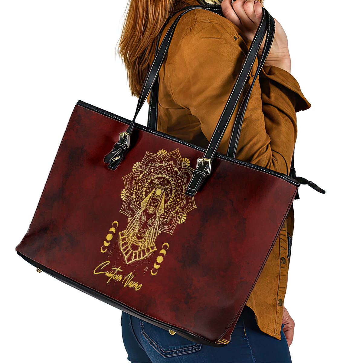 Personalized Anubis Leather Tote Bag Ancient Egyptian Pattern In Red - Wonder Print Shop