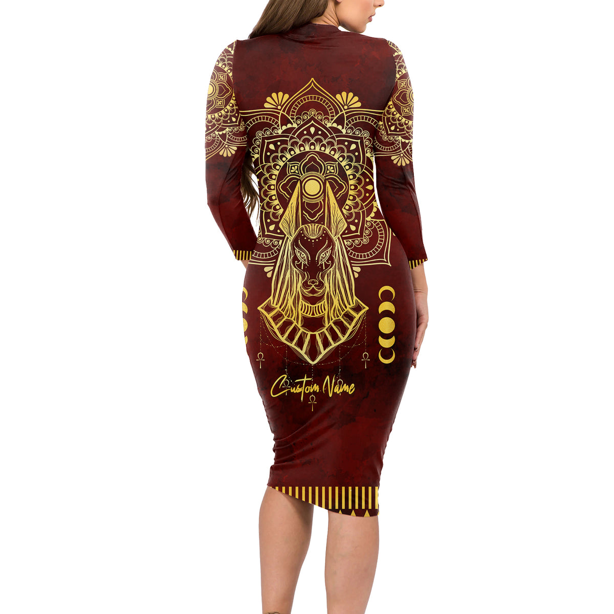 Personalized Anubis Long Sleeve Bodycon Dress Ancient Egyptian Pattern In Red - Wonder Print Shop
