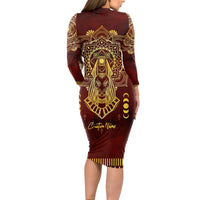 Personalized Anubis Long Sleeve Bodycon Dress Ancient Egyptian Pattern In Red - Wonder Print Shop