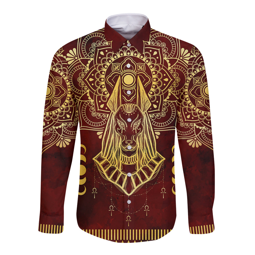 Personalized Anubis Long Sleeve Button Shirt Ancient Egyptian Pattern In Red - Wonder Print Shop
