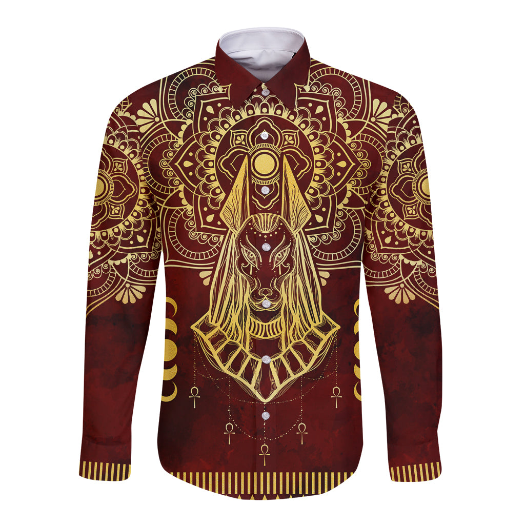 Personalized Anubis Long Sleeve Button Shirt Ancient Egyptian Pattern In Red