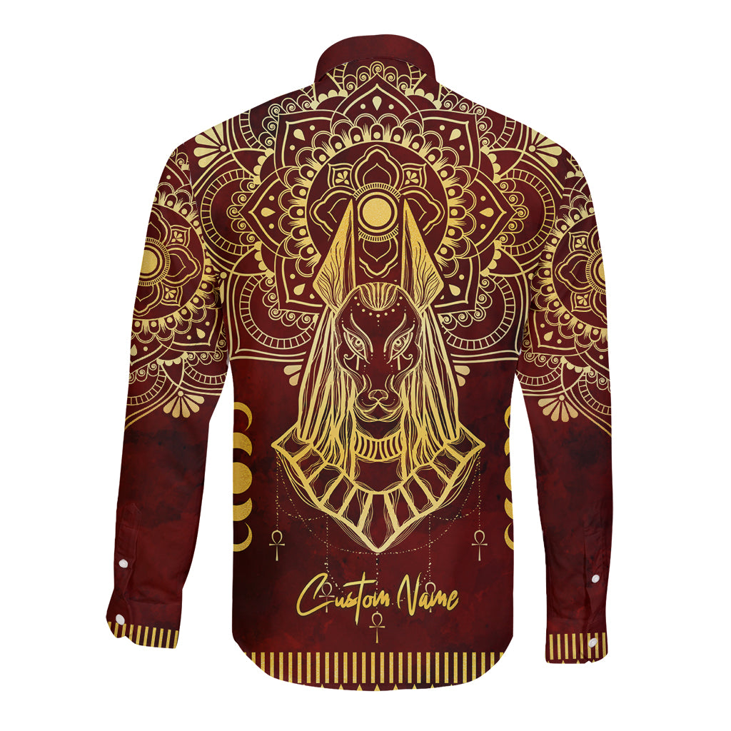 Personalized Anubis Long Sleeve Button Shirt Ancient Egyptian Pattern In Red - Wonder Print Shop