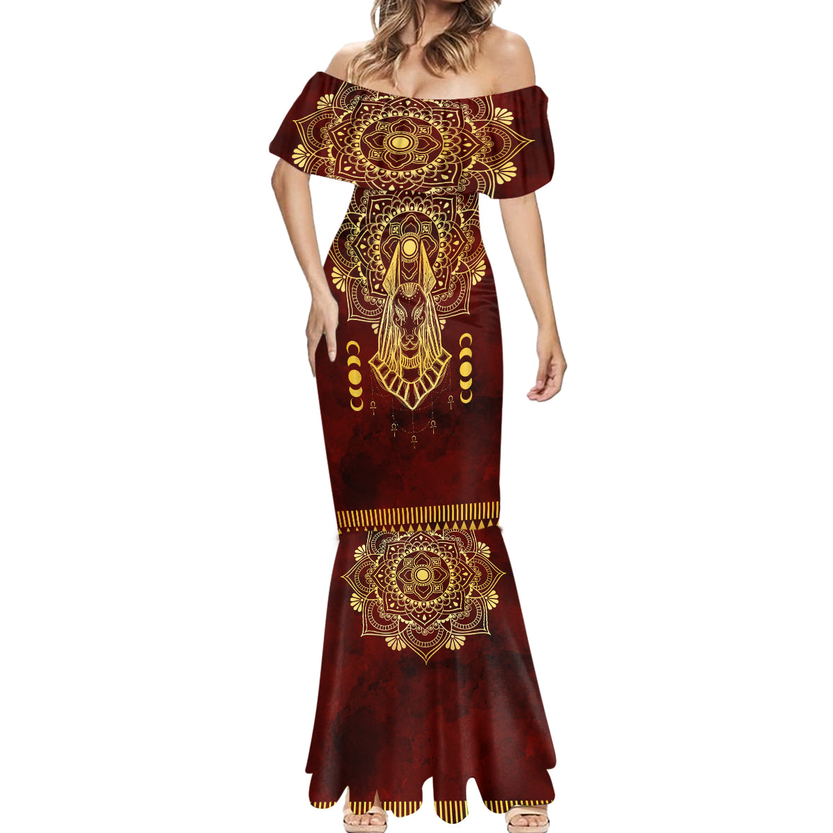 Personalized Anubis Mermaid Dress Ancient Egyptian Pattern In Red - Wonder Print Shop
