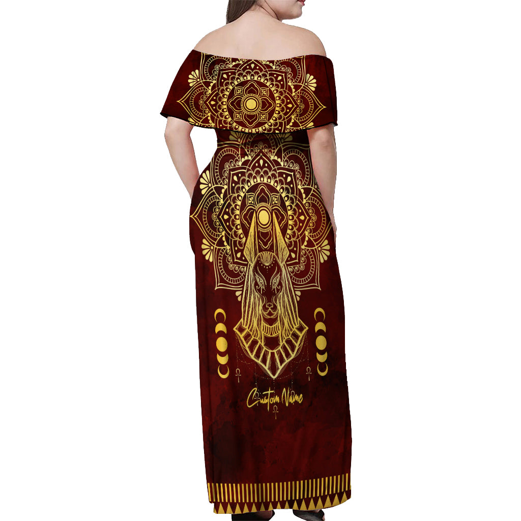 Personalized Anubis Off Shoulder Maxi Dress Ancient Egyptian Pattern In Red - Wonder Print Shop
