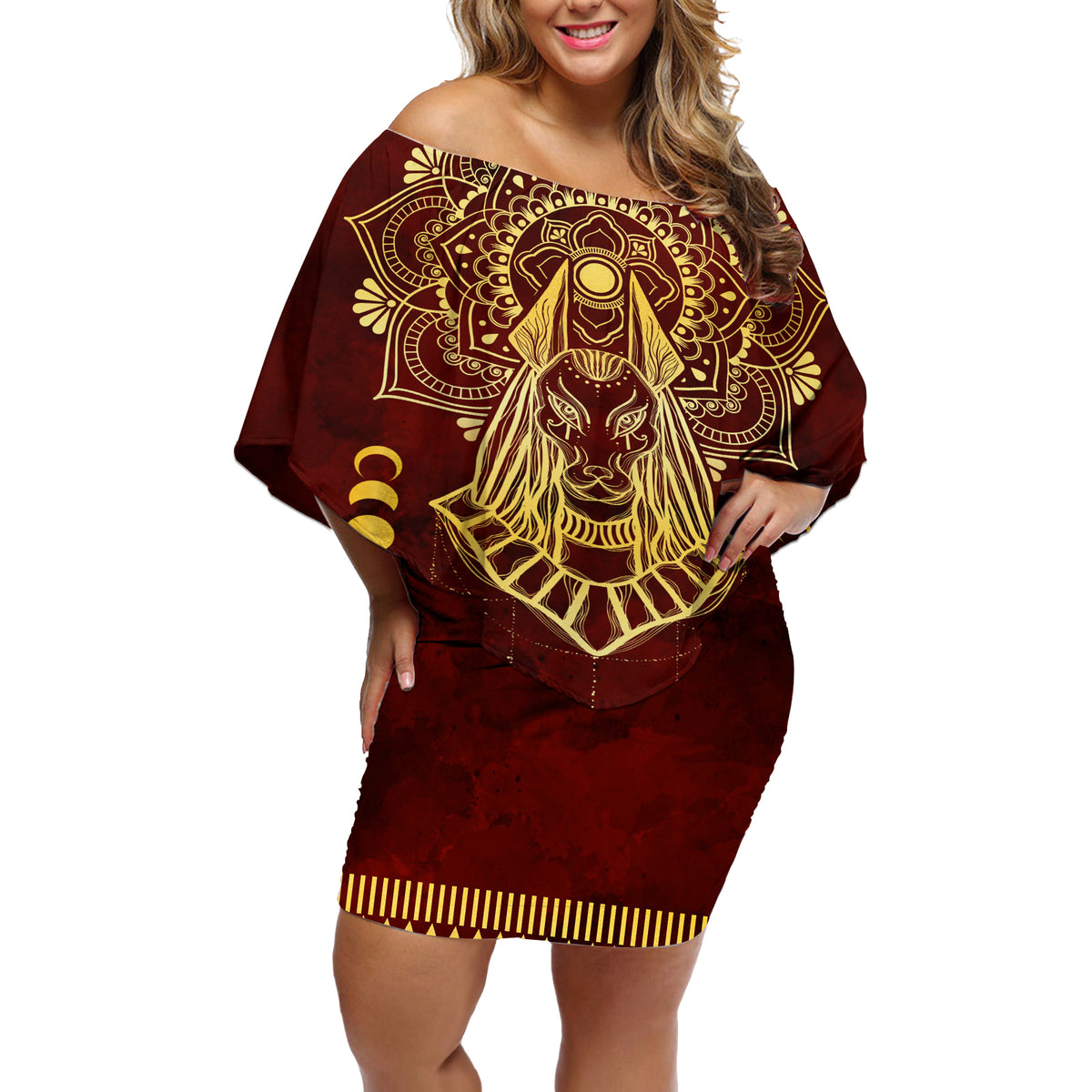 Personalized Anubis Off Shoulder Short Dress Ancient Egyptian Pattern In Red - Wonder Print Shop
