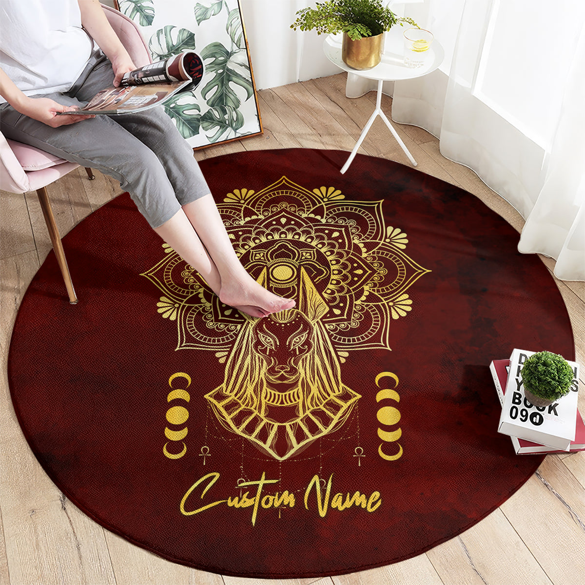 Personalized Anubis Round Carpet Ancient Egyptian Pattern In Red